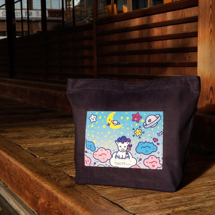 morukan.art - a denim tote bag in a Japanese temple at Kyoto with an unicorn artwork