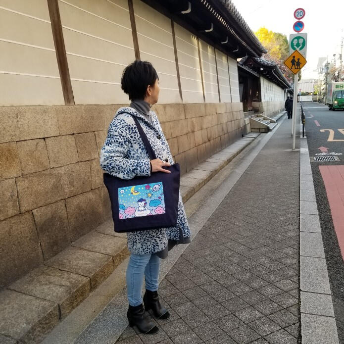 morukan.art - a denim tote bag in Kyoto Japan with an unicorn artwork