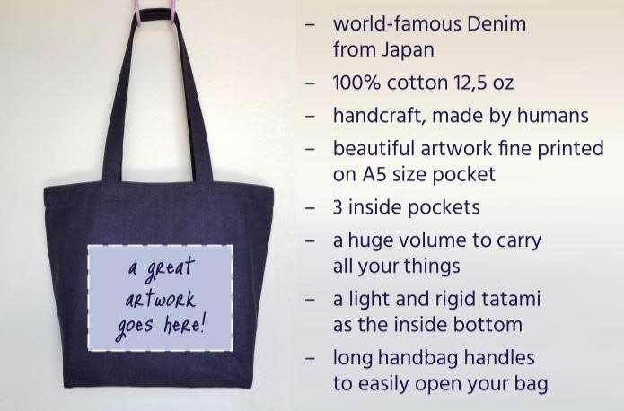 morukan.art - keypoints of the denim tote bag with pretty artworks