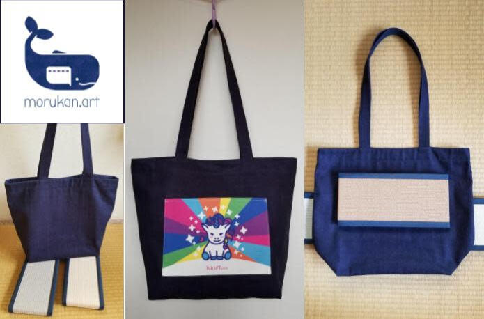 morukan.art - a denim tote bag with artworks and tatami bottom